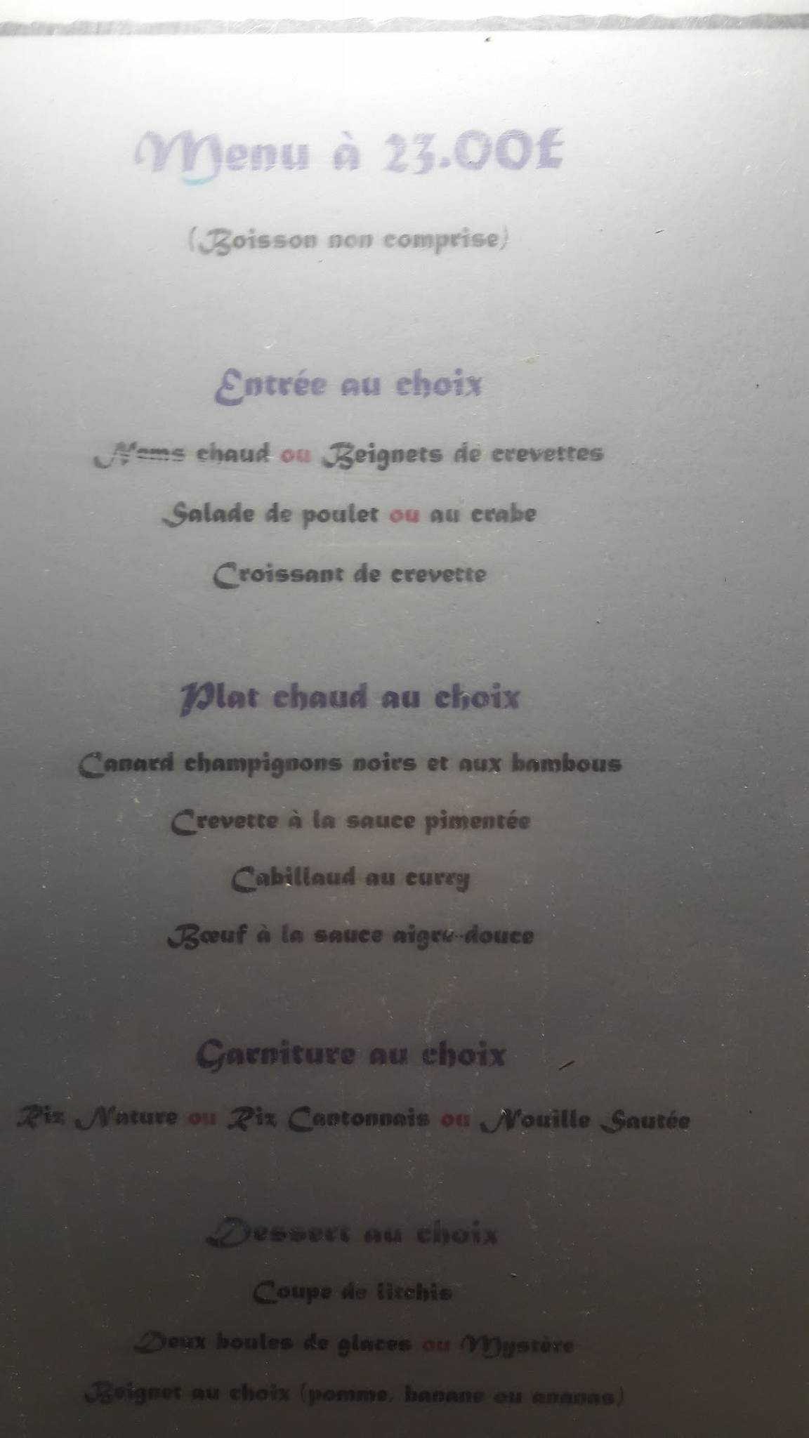 Menu de Le Banme