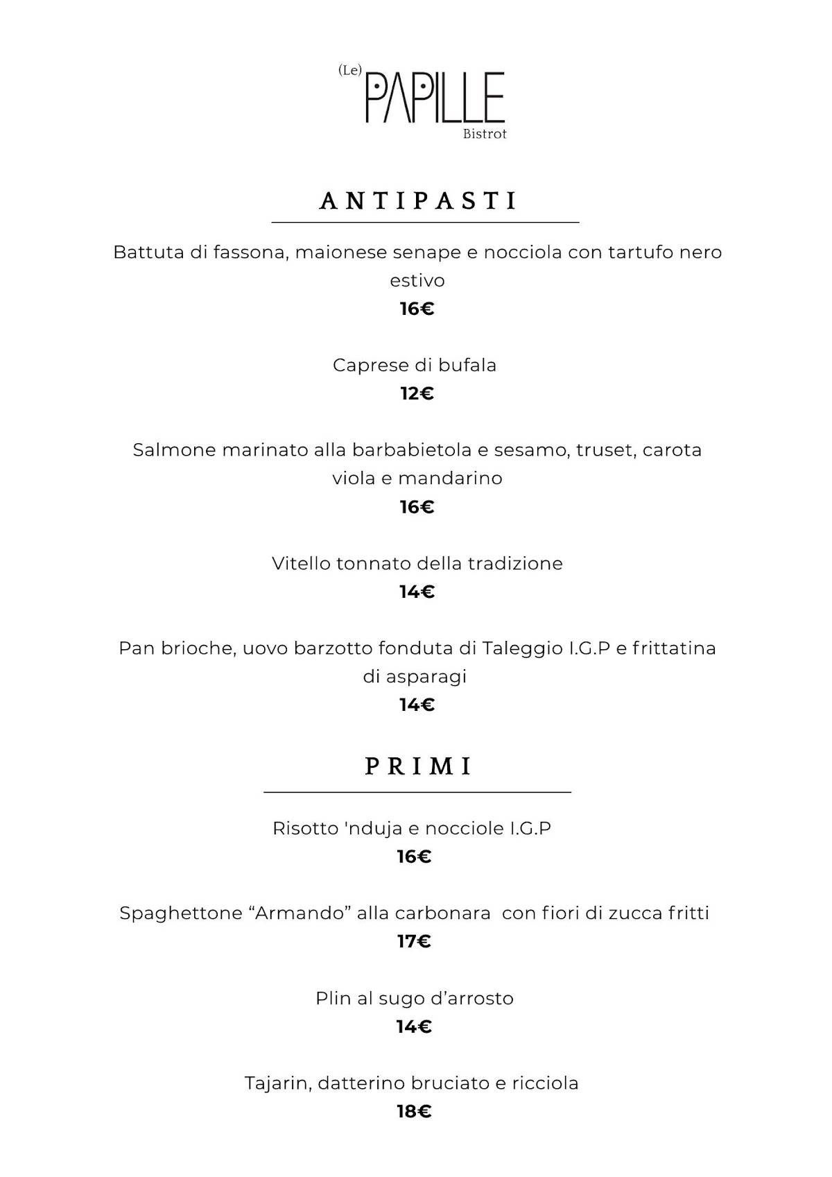 Menu di Le Papille bistrot 