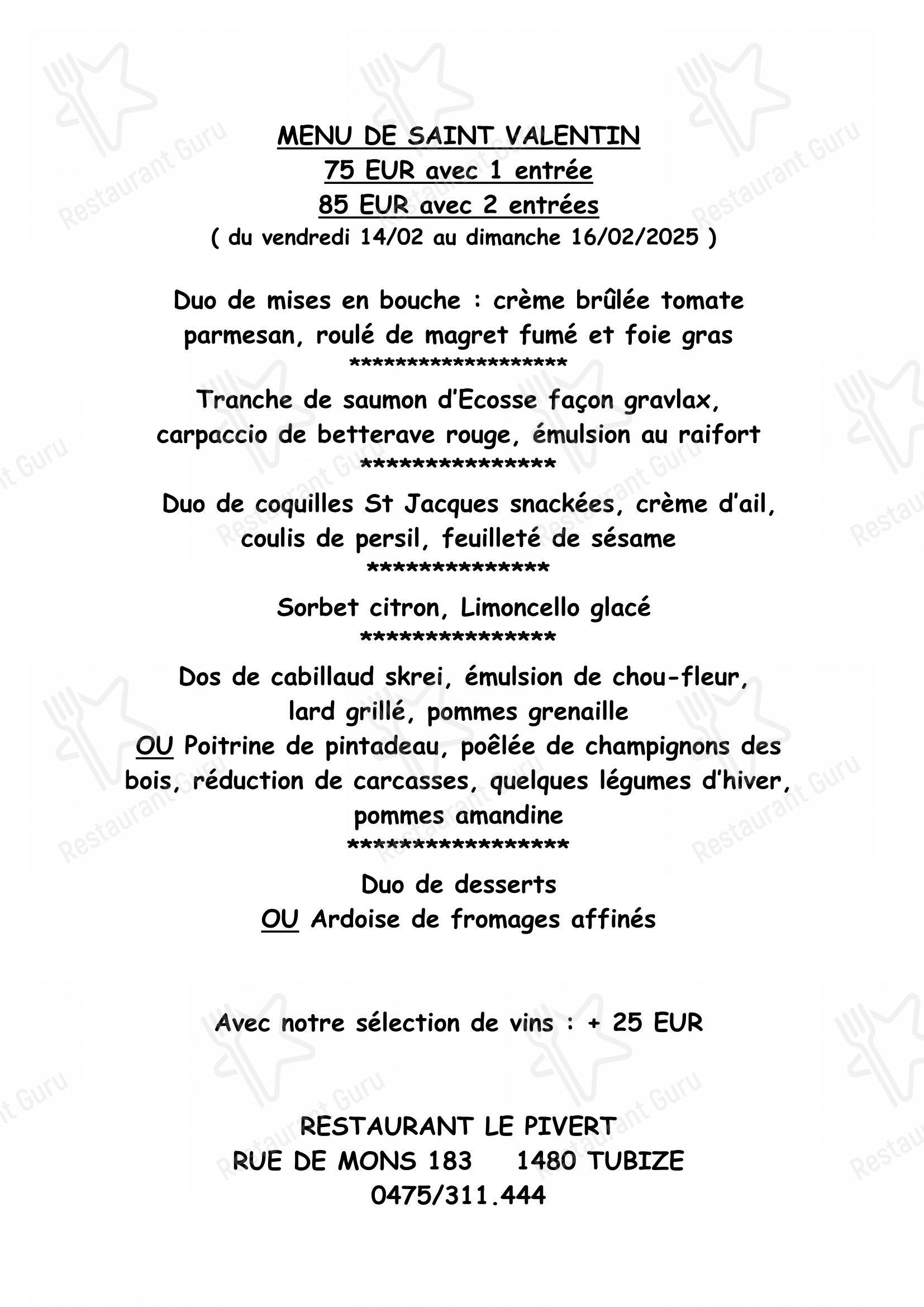 Restaurant Le Pivert dans Tubize - Ночное меню