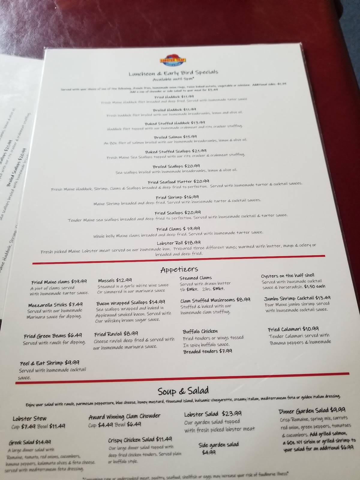 Menu at Lobster Trap restaurant, Conway, West Side Rd