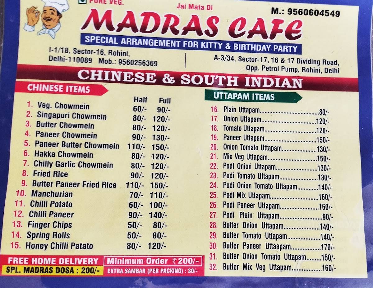 Madras caffe menu