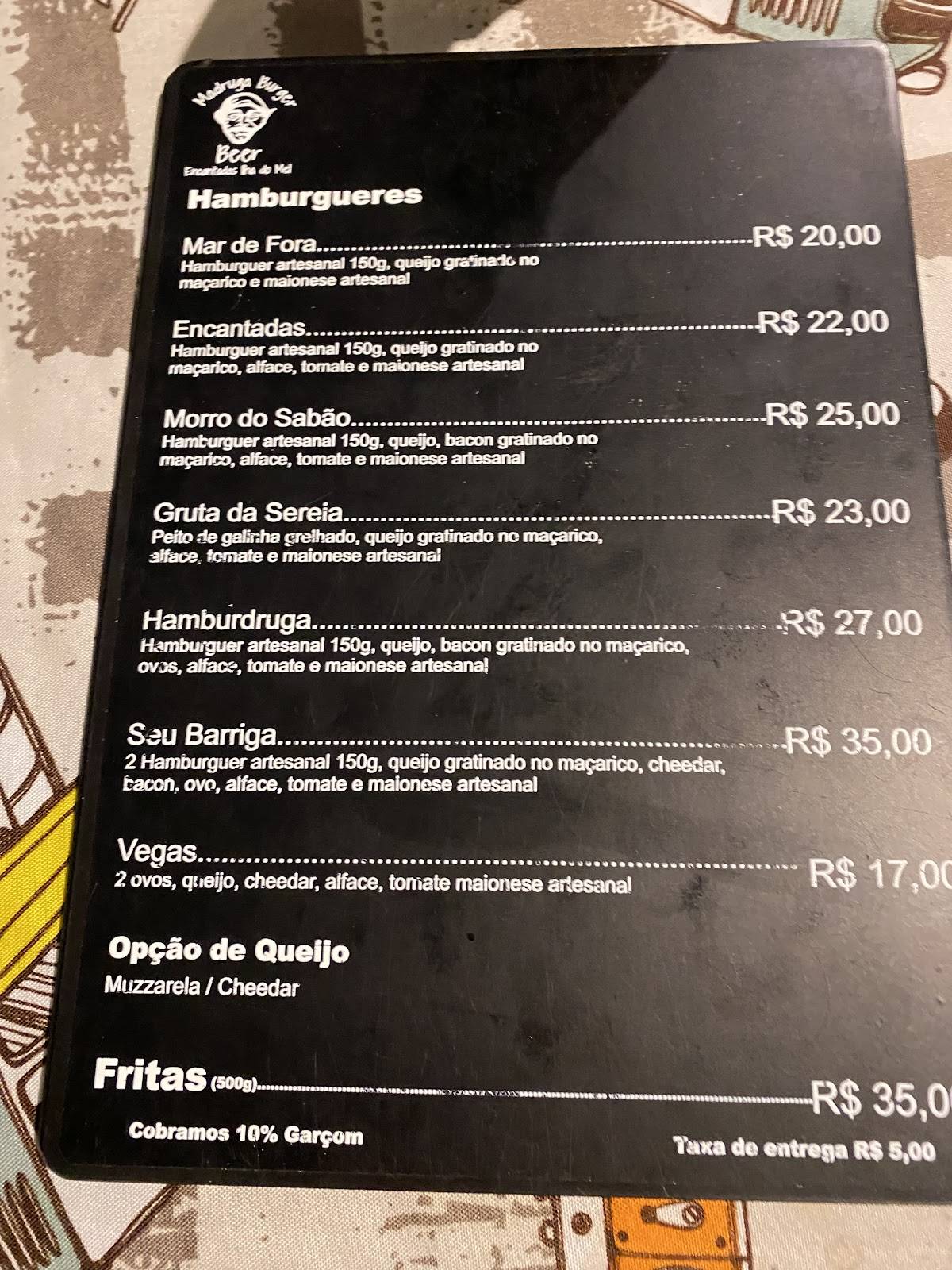 Madruga Burger Beer cardápio