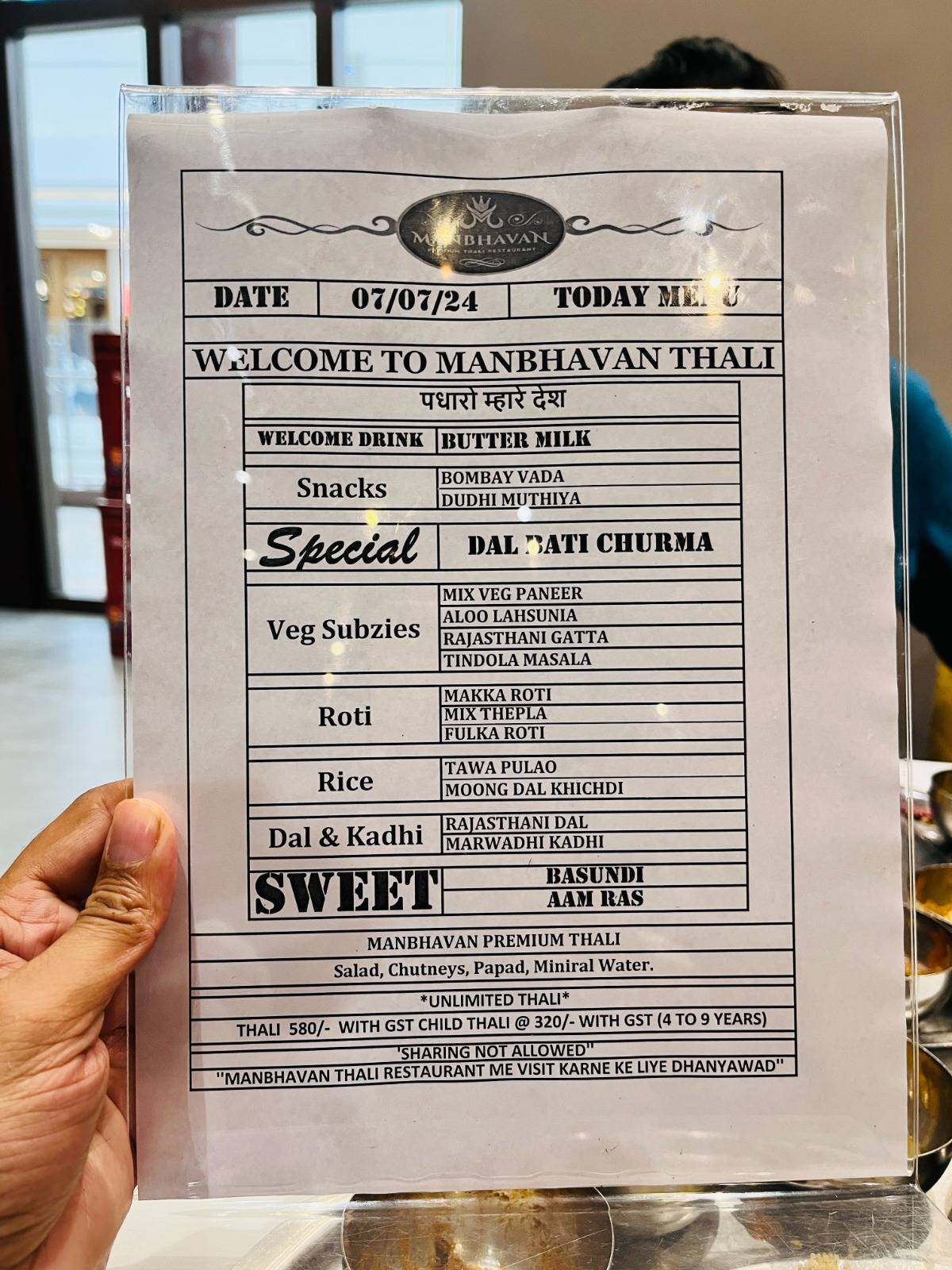 Manbhavan Premium Thali Restaurant menu