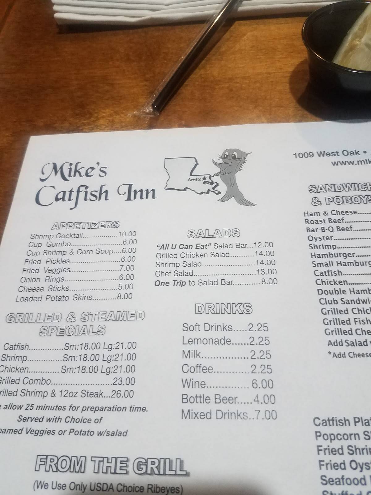 Menu at Mike's Catfish Inn restaurant, Amite City