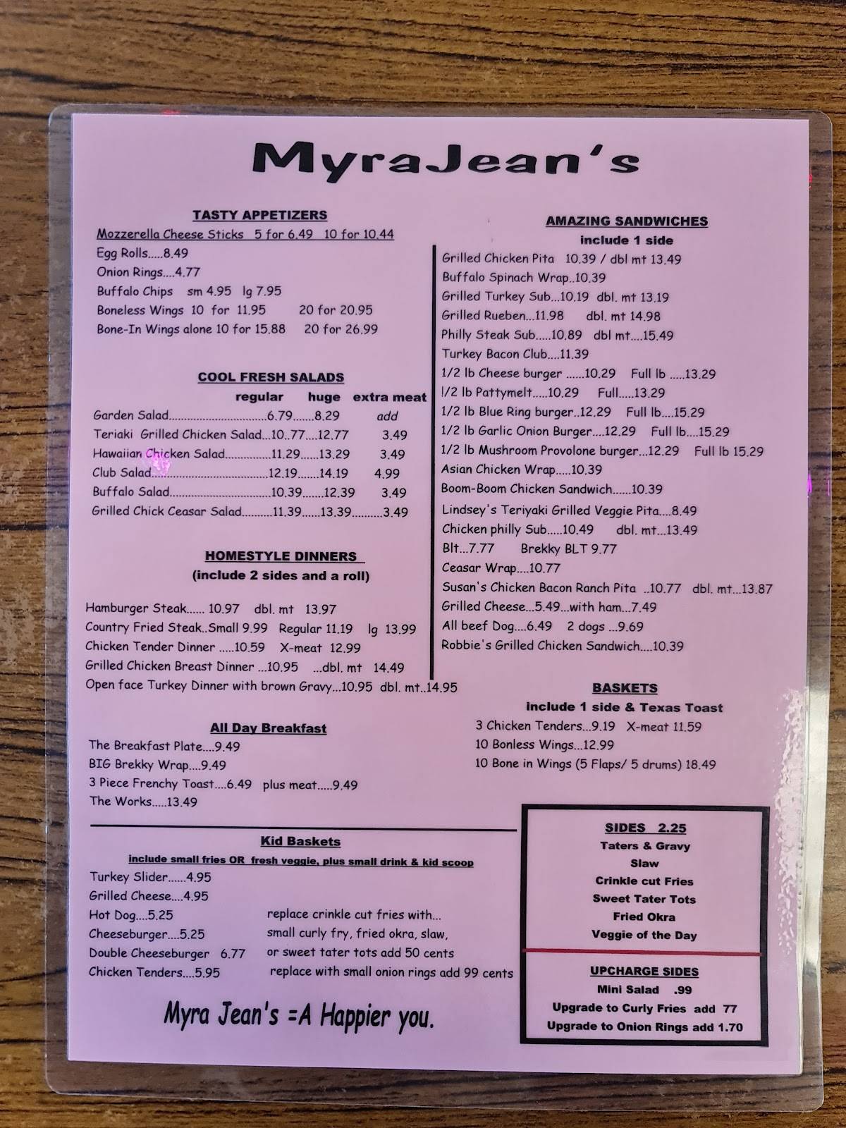 Menu at Myra Jean's restaurant, Crawfordville