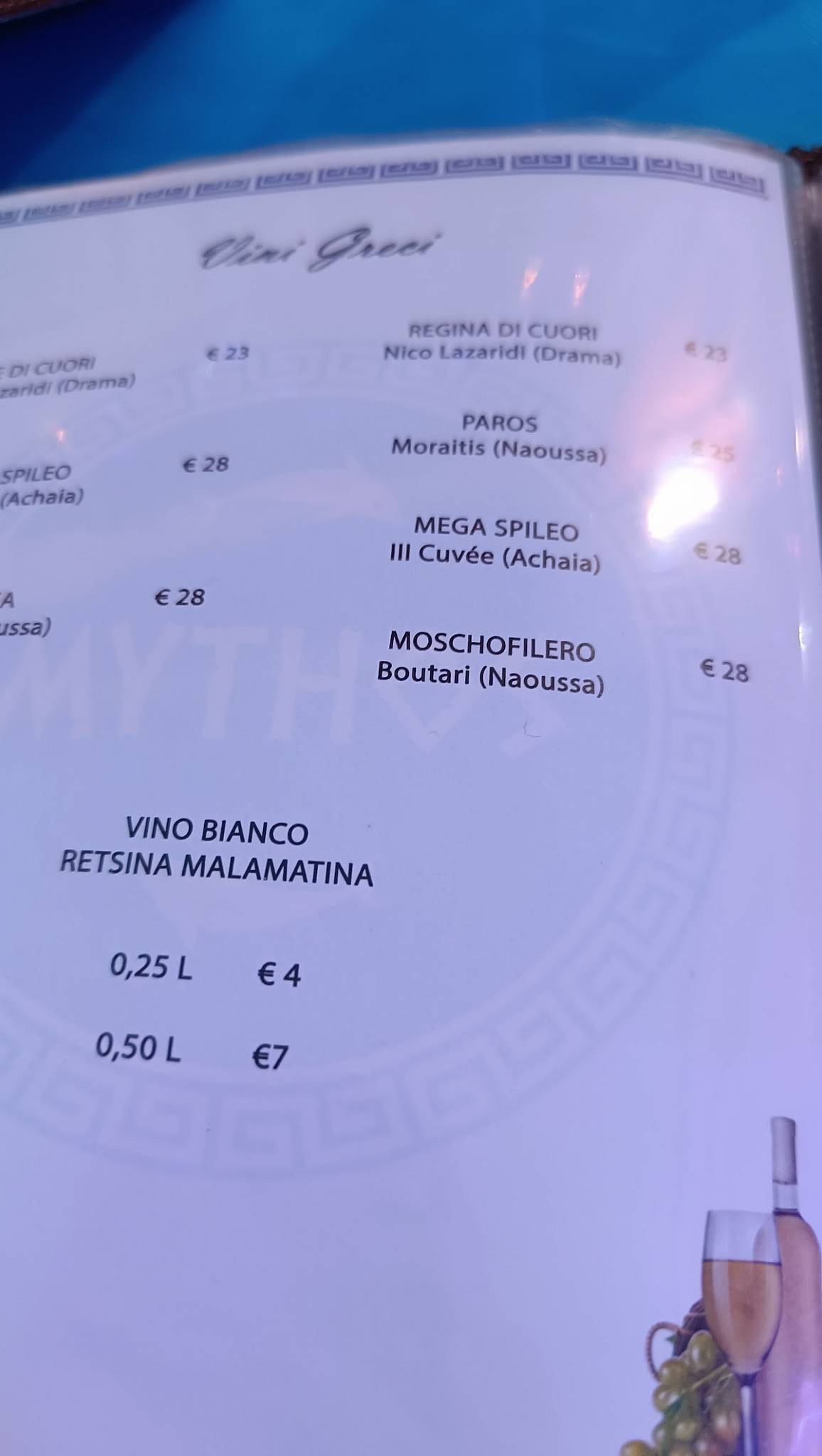 Menu di Mythos cucina greca 