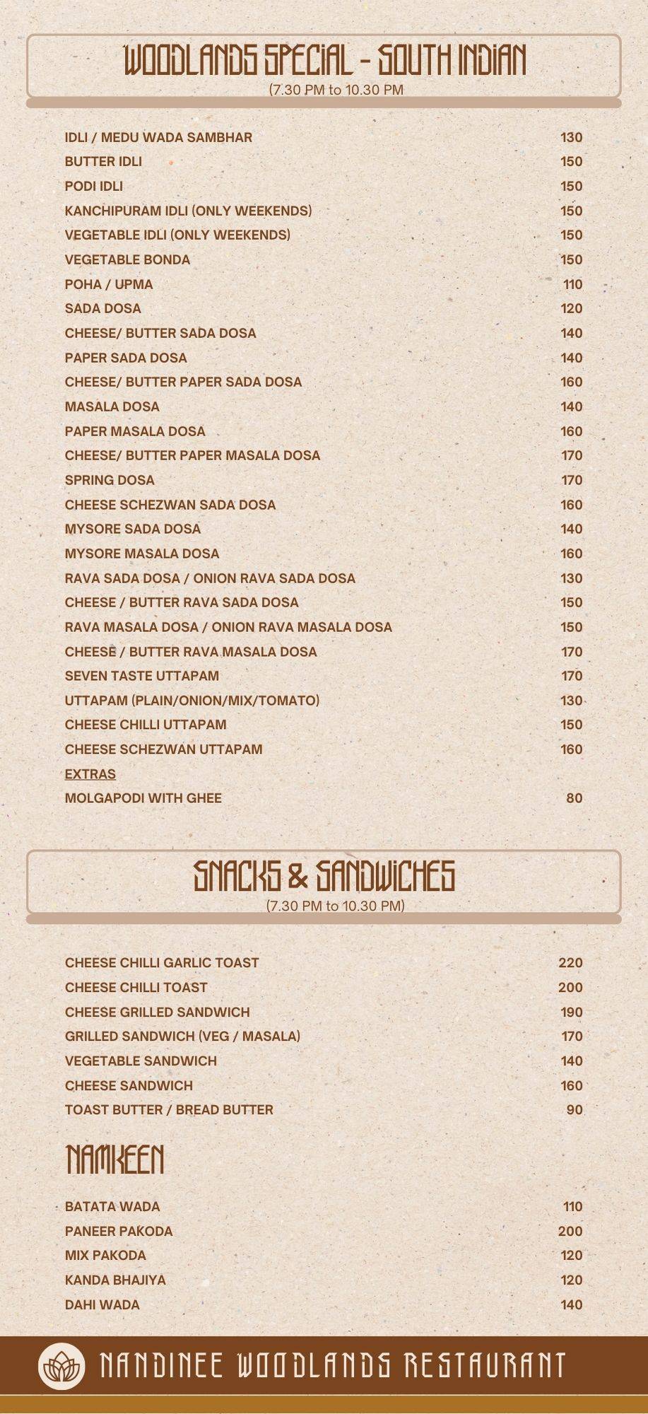 Nandinee Woodlands, Nasiklub menu