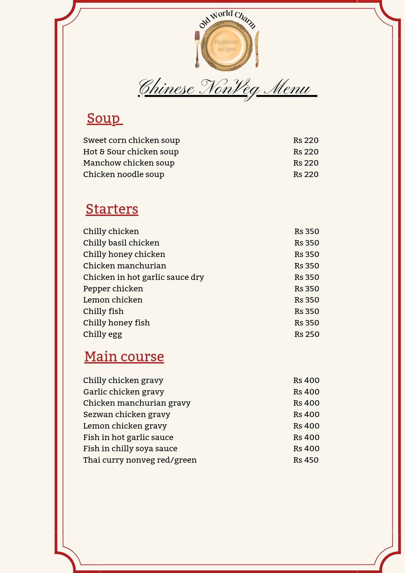 Old World Charm menu