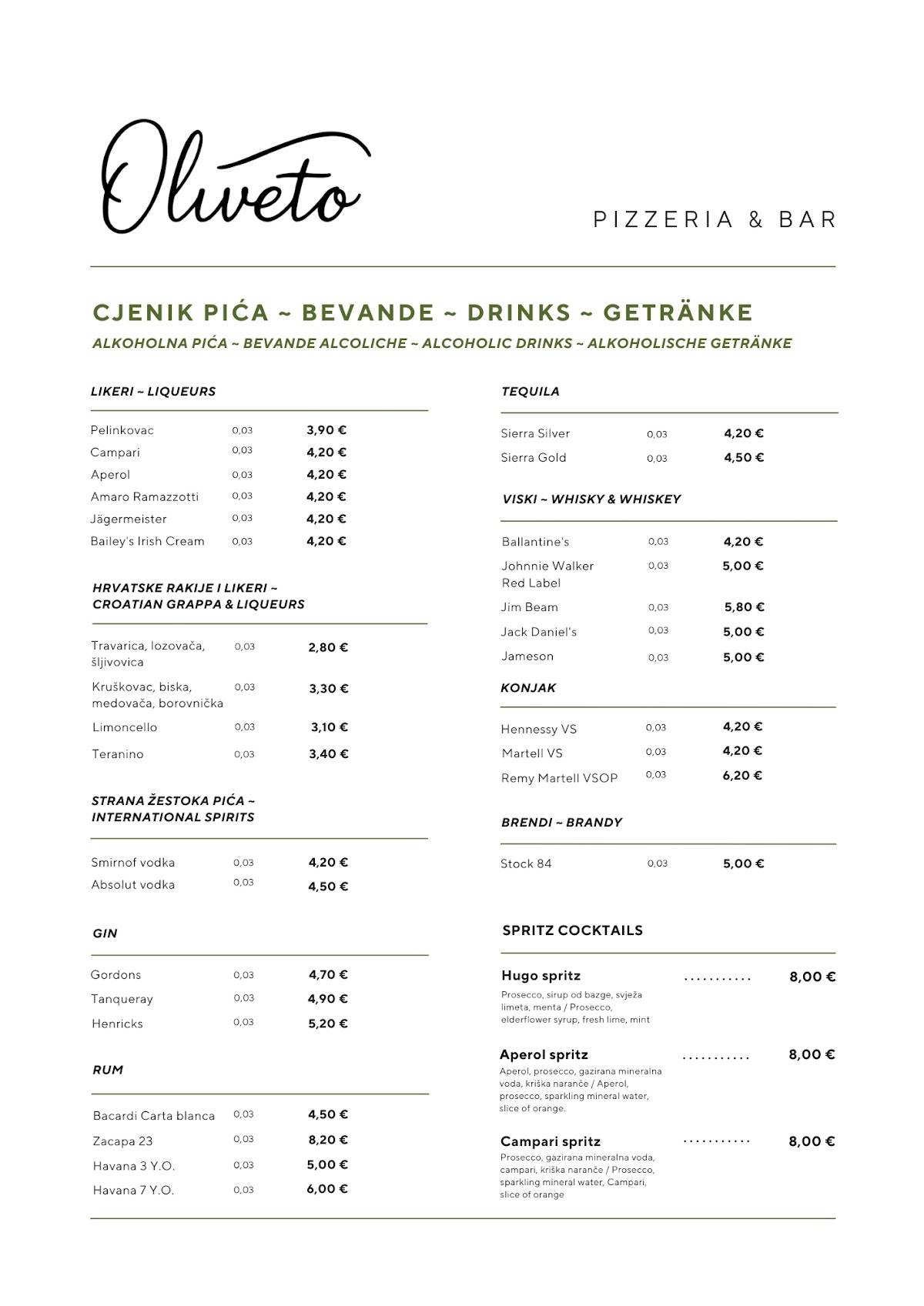 Menu di Oliveto Pizzeria & Bar 
