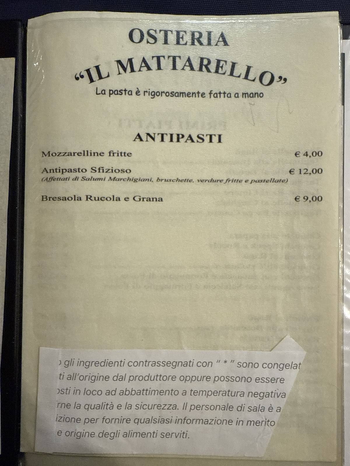 Menu di Osteria il Mattarello 