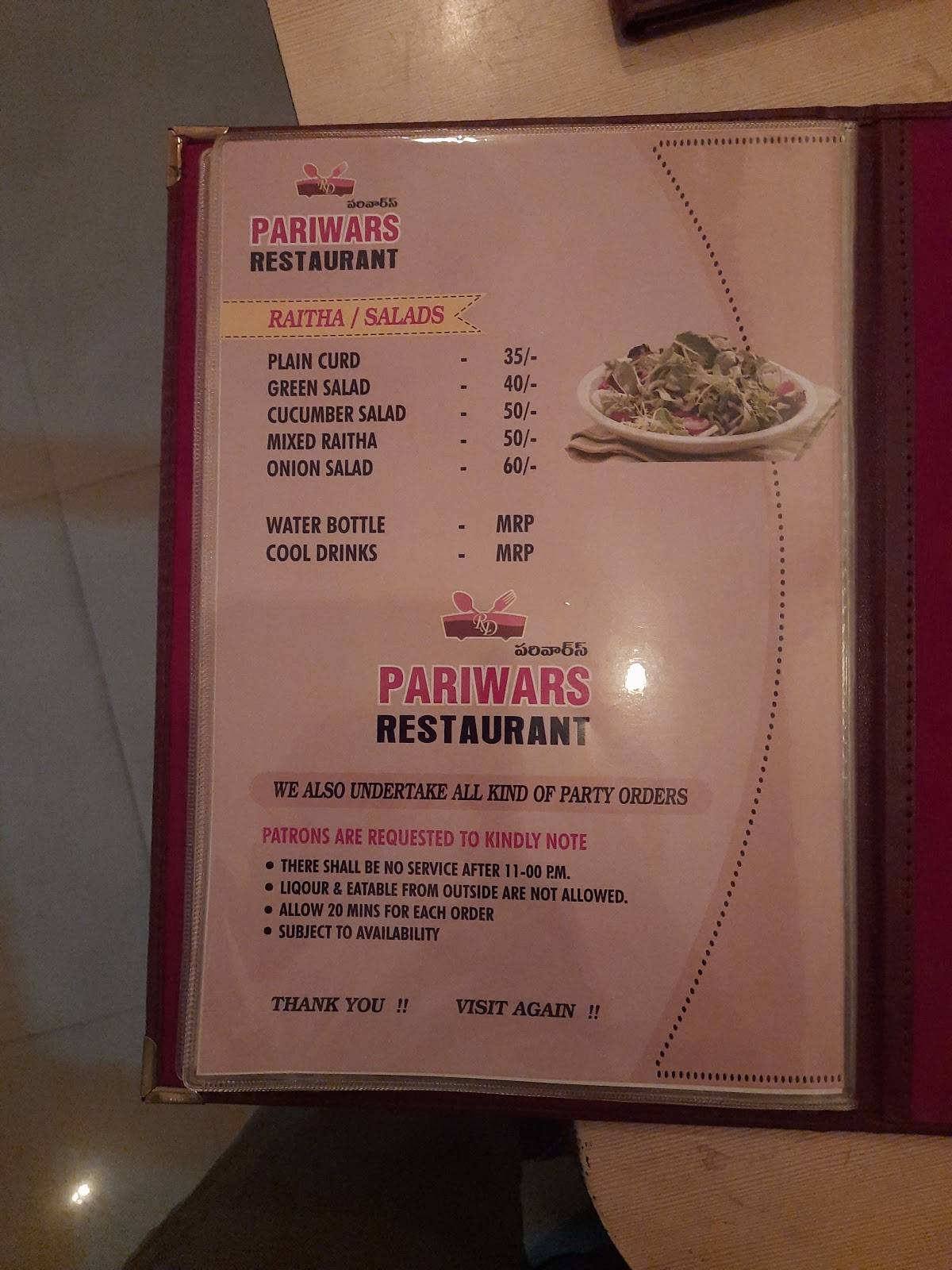 Pariwars Multi Cuisine Restaurant menu