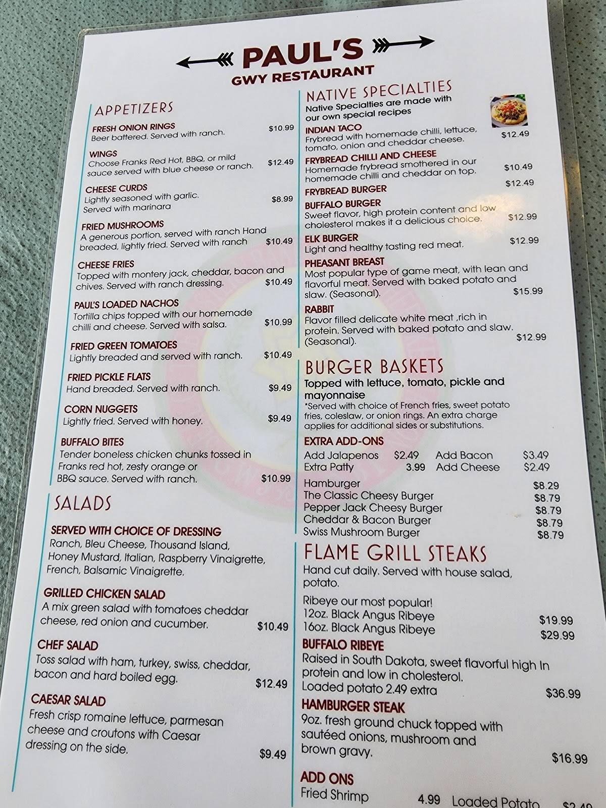 Menu at Paul's Family Restaurant, Cherokee