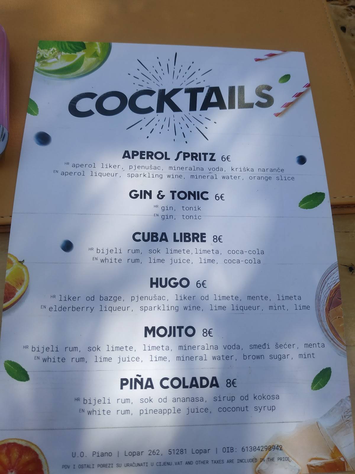 Menu di Restaurant Piano 