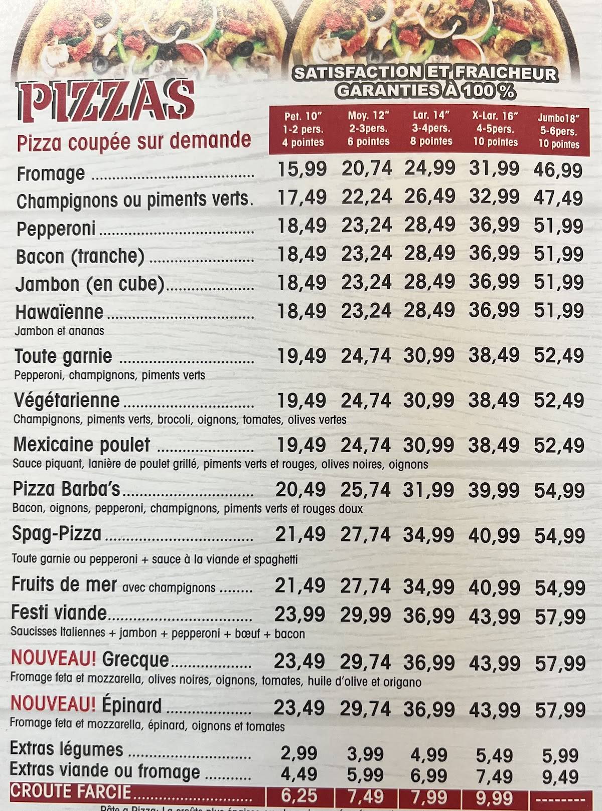 Menu de Pizza Barbas l'Assomption
