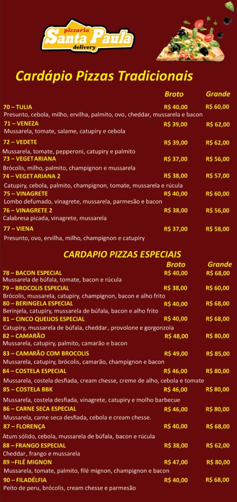 Pizzaria Santa Paula cardápio