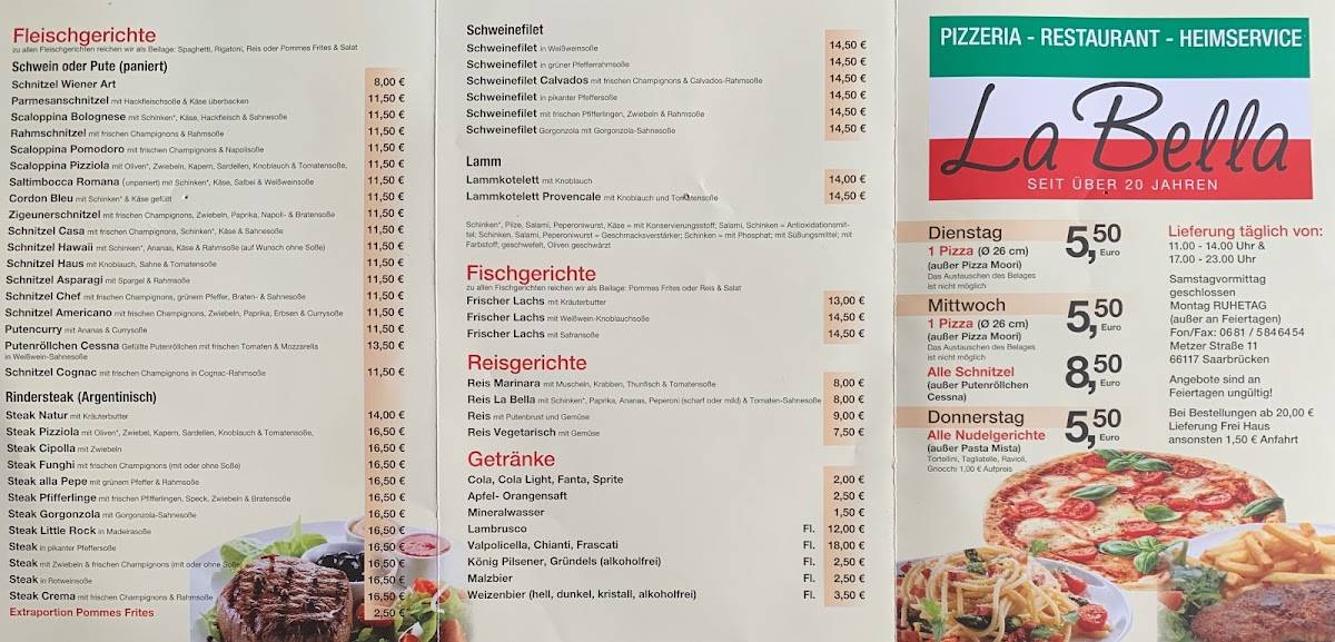 Speisekarte von Pizzeria La Bella Saarbrucken Metzer Str. 11