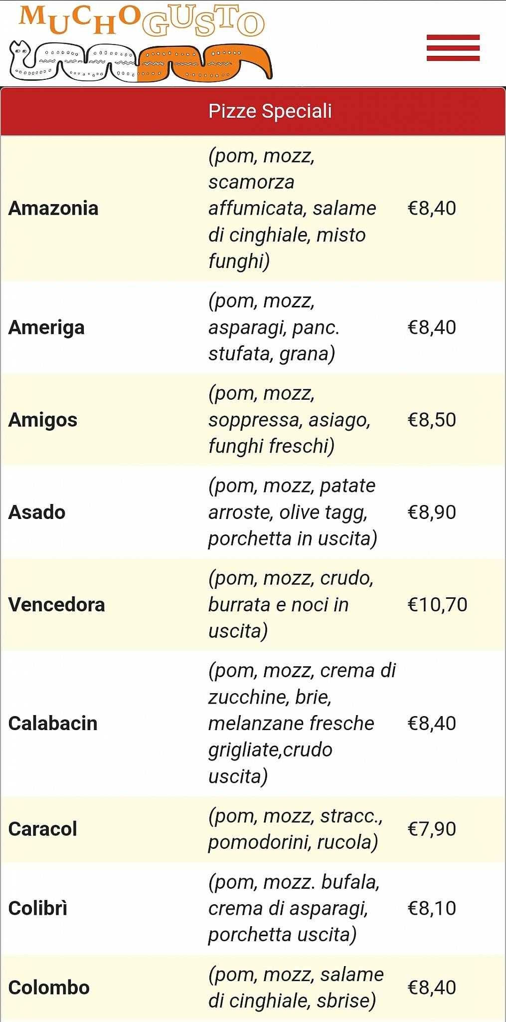 Menu di Pizzeria Mucho Gusto 