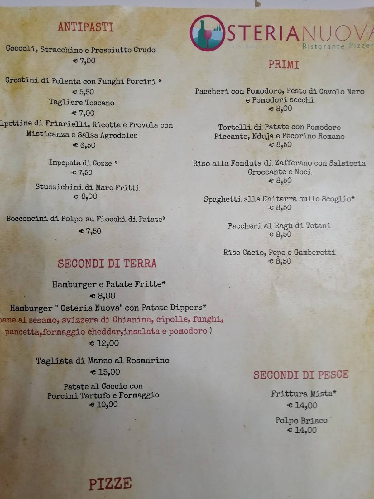 Menu di Pizzeria S.s.a. Resistente 