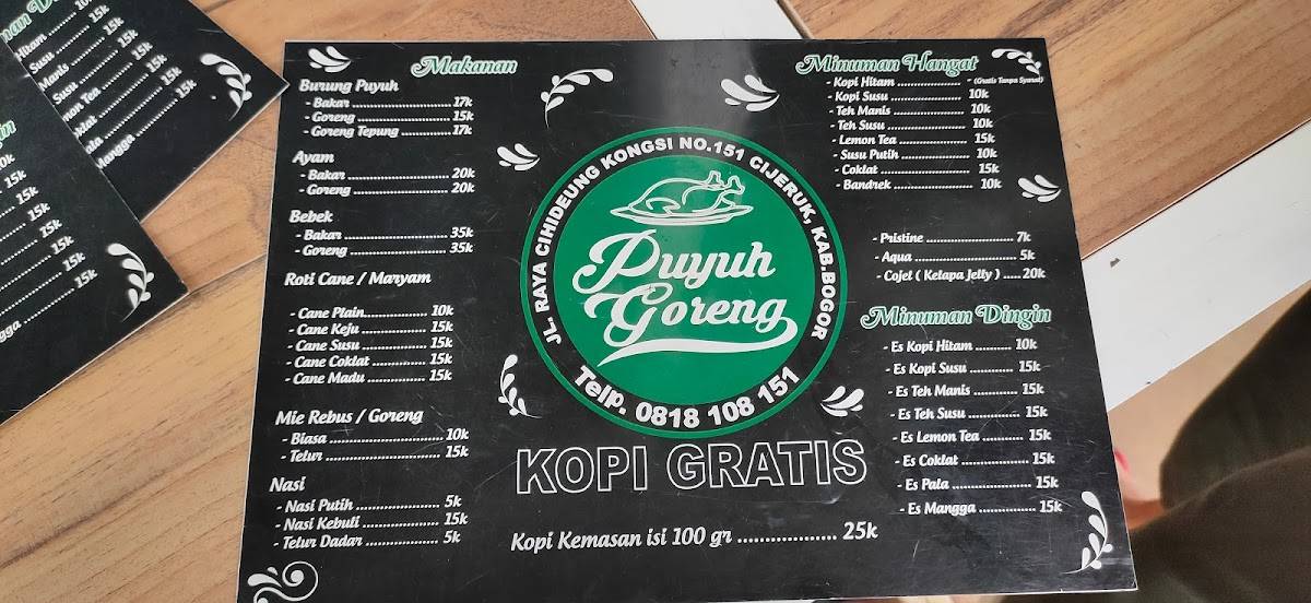 Menu at Puyuh goreng kopi gratis restaurant Cijeruk