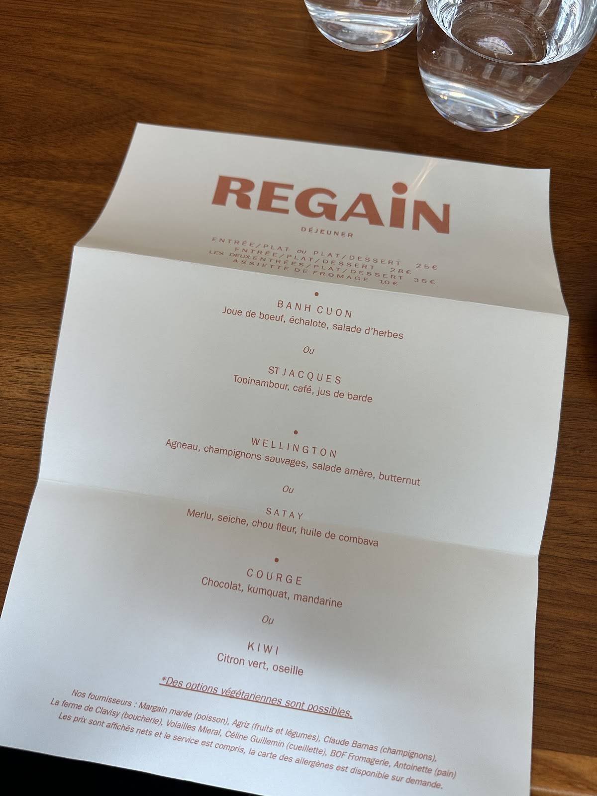 Menu de Regain restaurant LYON