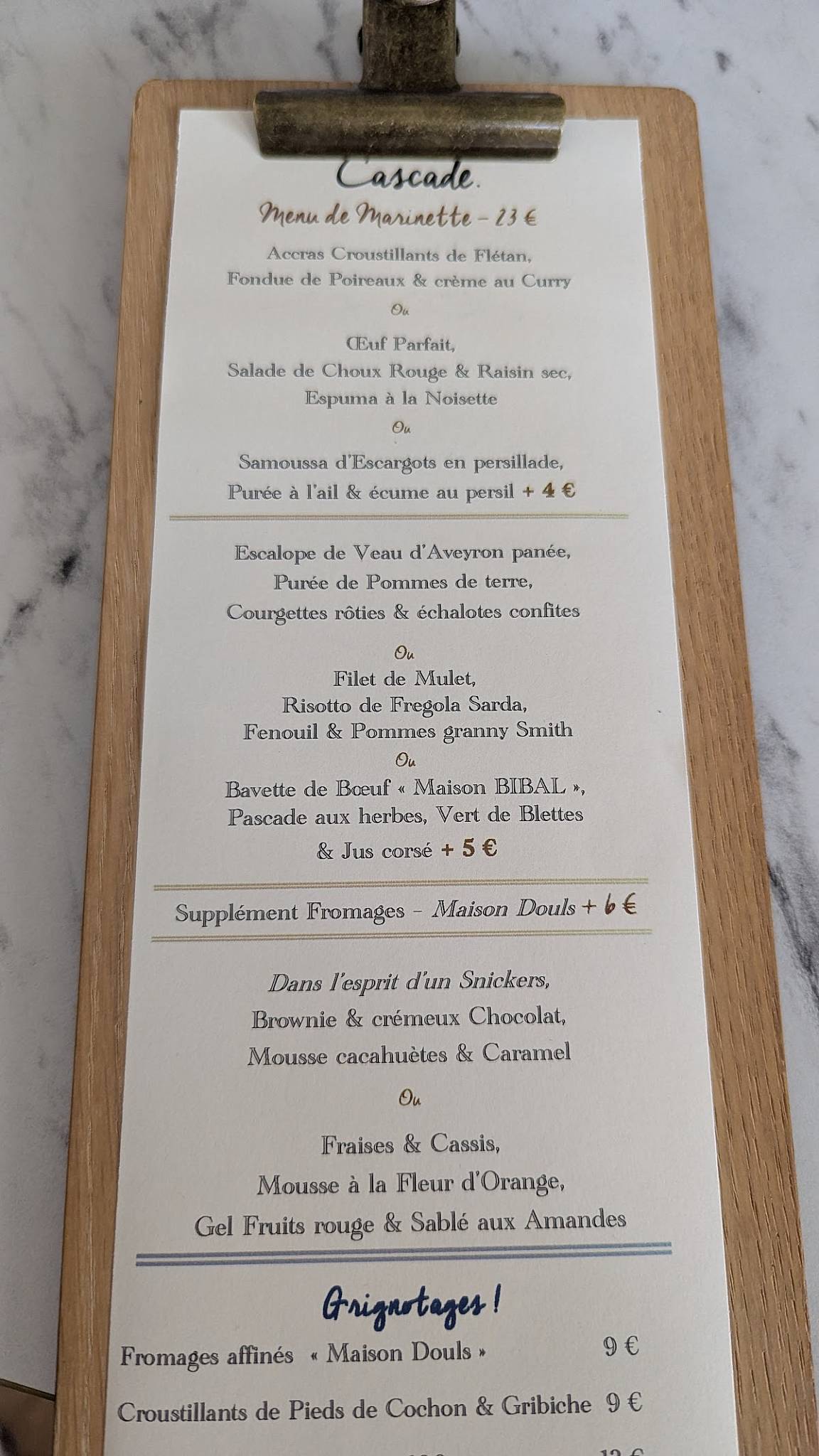 Menu de Restaurant La Cascade
