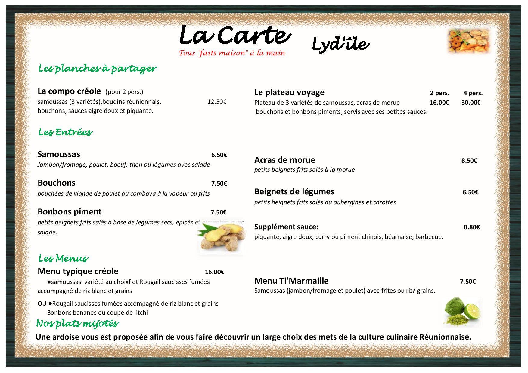 Menu de Restaurant Lyd'île