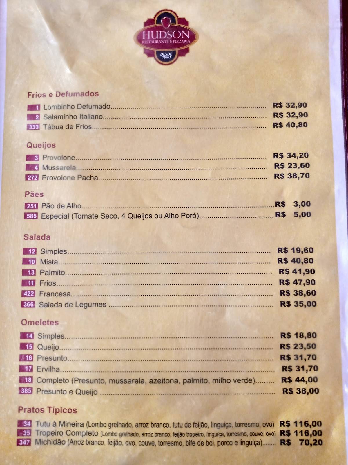 Hudson Restaurante e Pizzaria cardápio