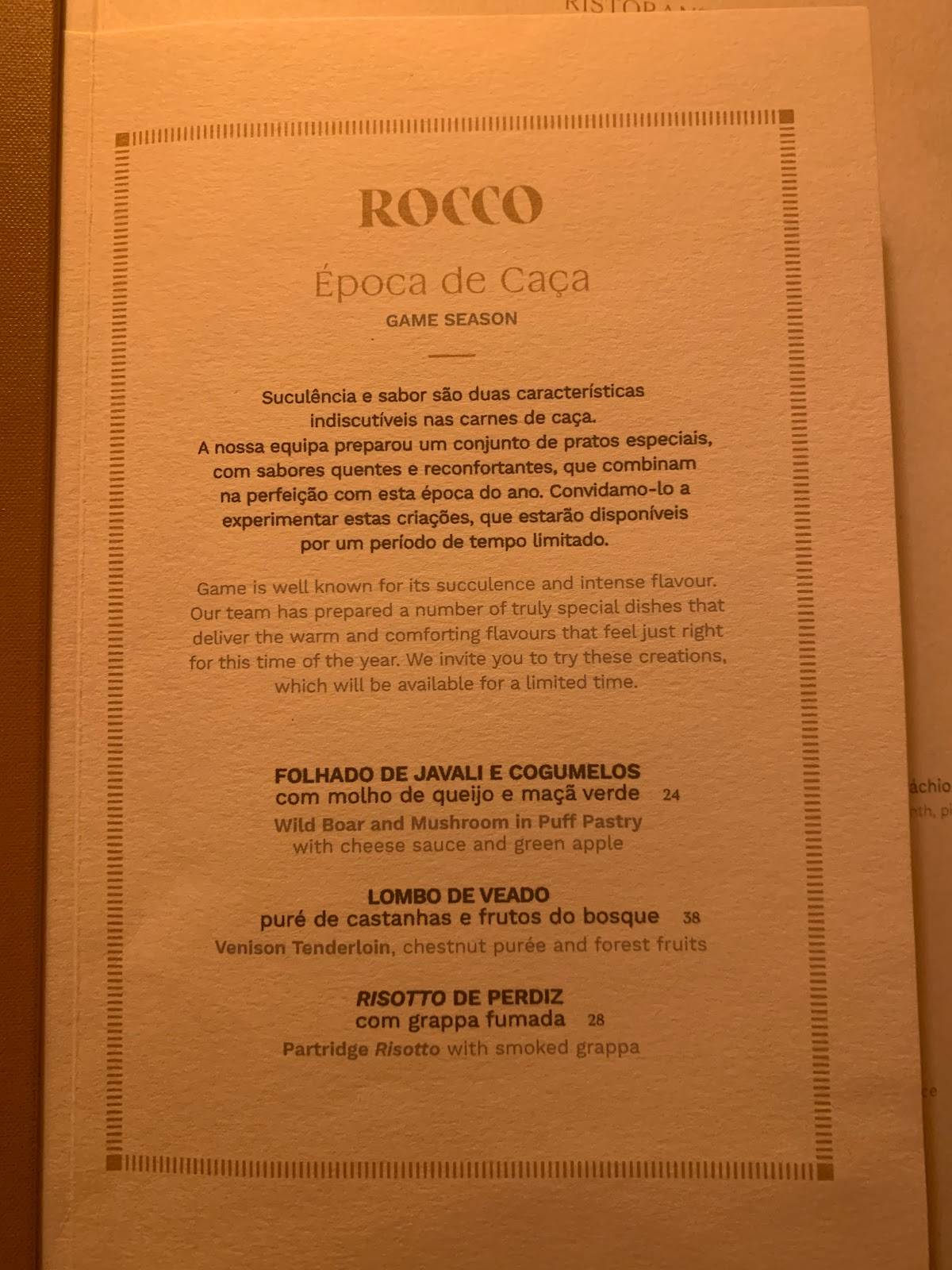 Menu at Rocco restaurant, Lisbon