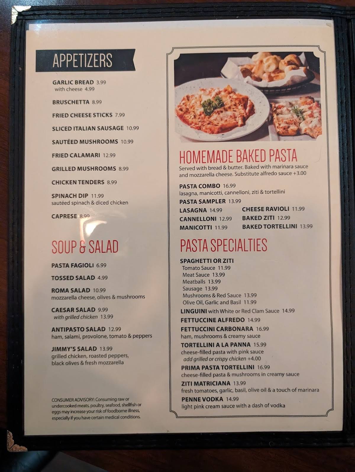 Menu at Roma restaurant, Bellevue