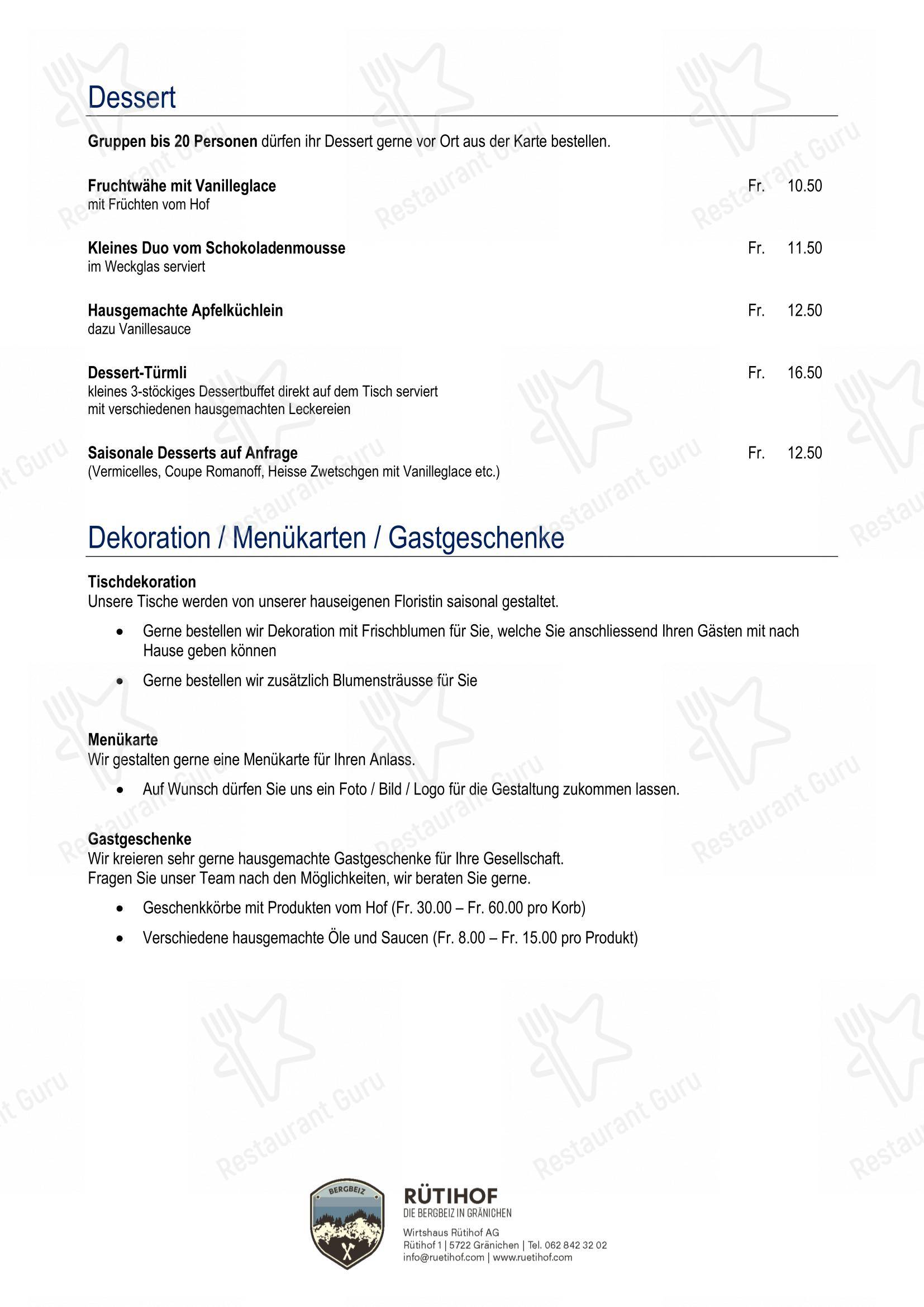 Menu di Restaurant Rütihof, Gränichen - Основное меню