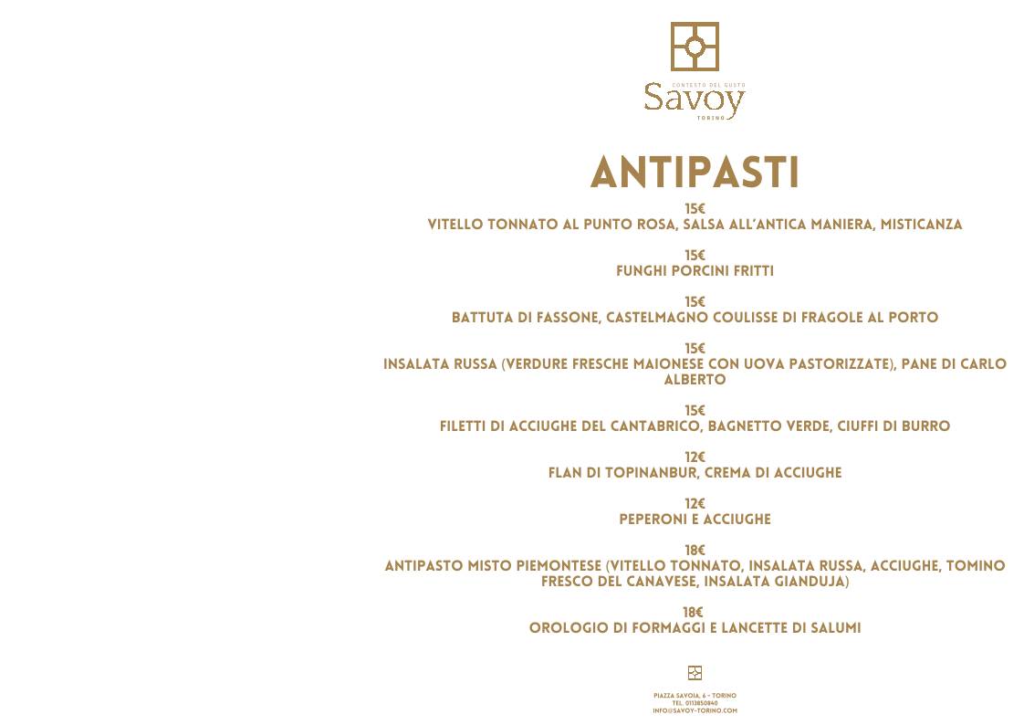 Menu di SAVOY TORINO 
