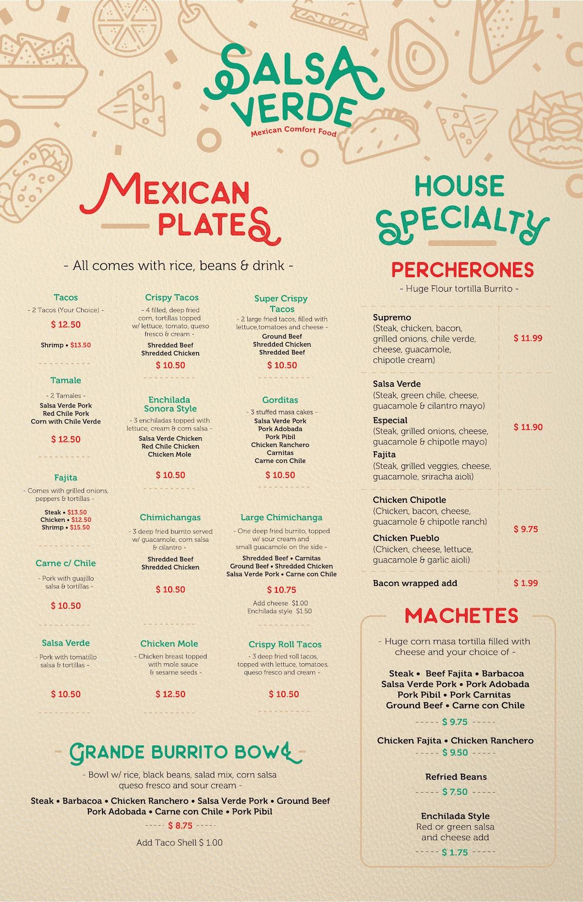 Menu at Salsa Verde Restaurant, Tucson, 210 N Pantano Rd