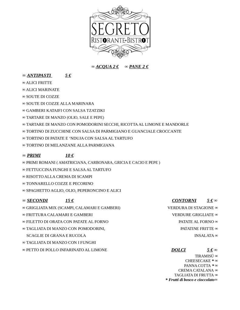 Menu di Segreto Ristorante Bistrot 