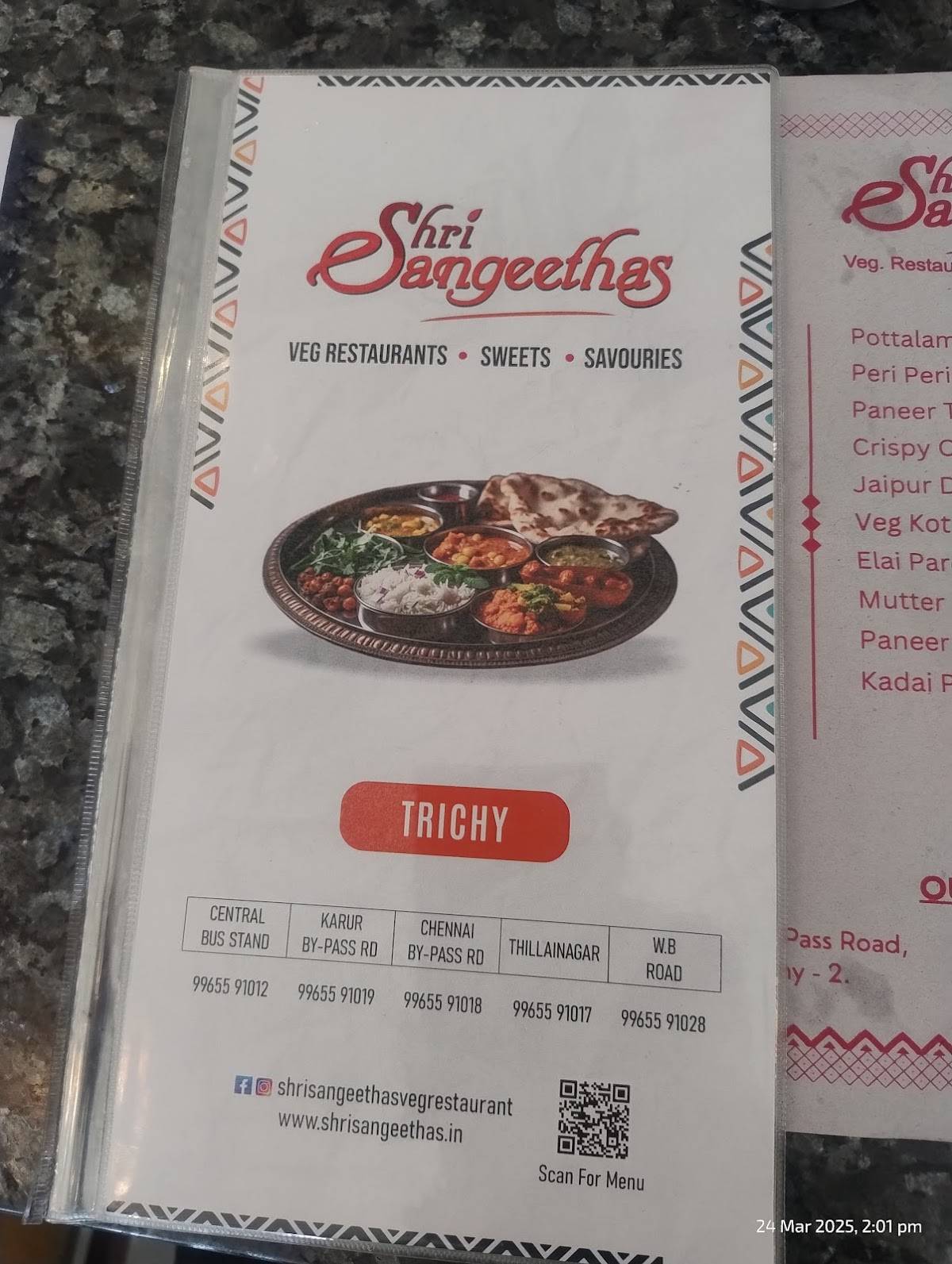 Shri Sangeethas (Chennai Bypass, Trichy) Veg. Restaurant Sweets Savouries menu