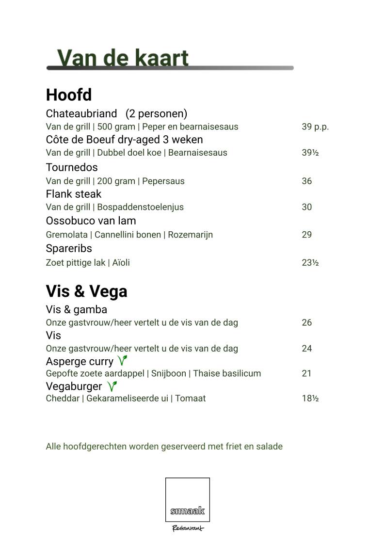 Menu de Restaurant Smaak