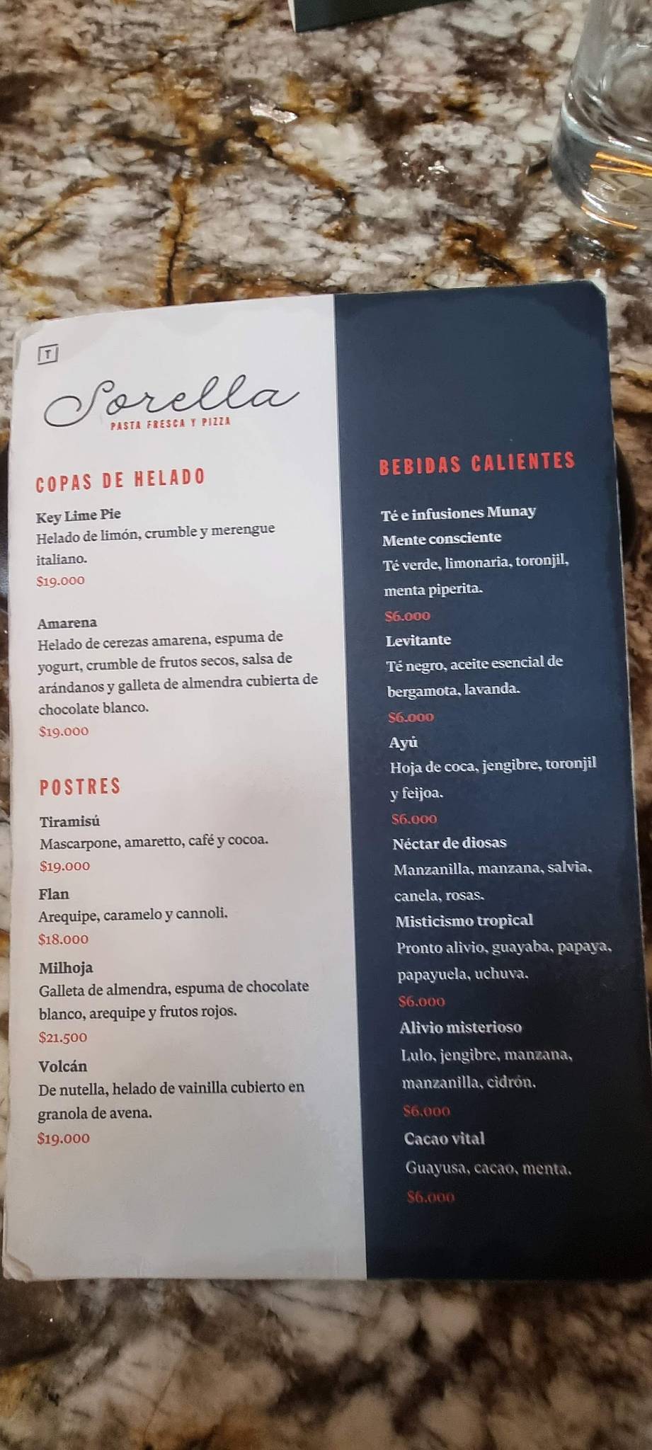 Carta del restaurante Sorella, Bogotá