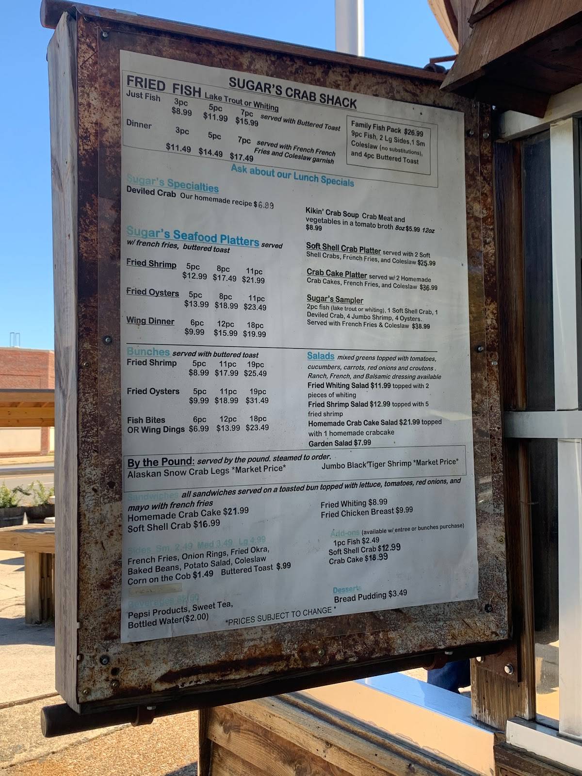 Menu at Sugar's Crab Shack restaurant, Richmond