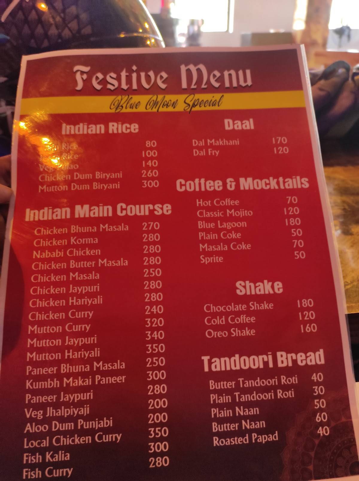 The Blue Moon menu