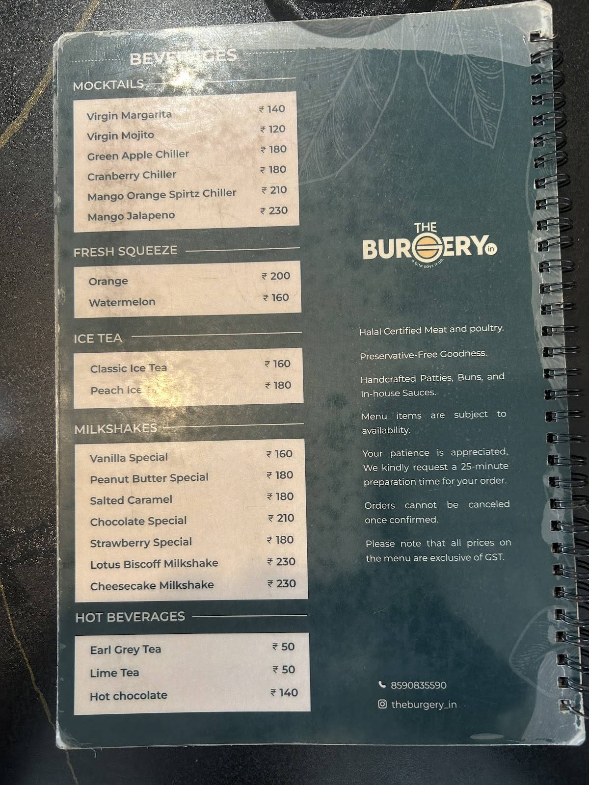 The Burgery In menu