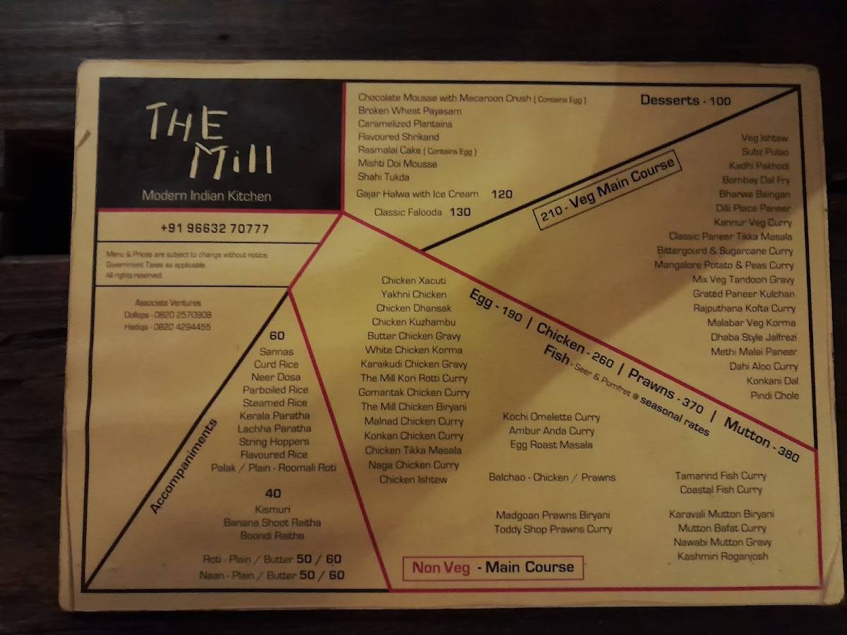 Menu at The Mill, Manipal