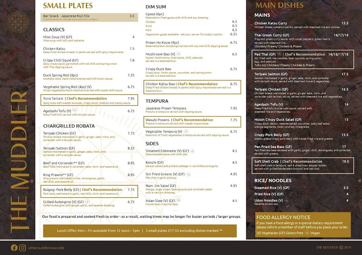 Menu at The Muddler restaurant, Newcastle upon Tyne