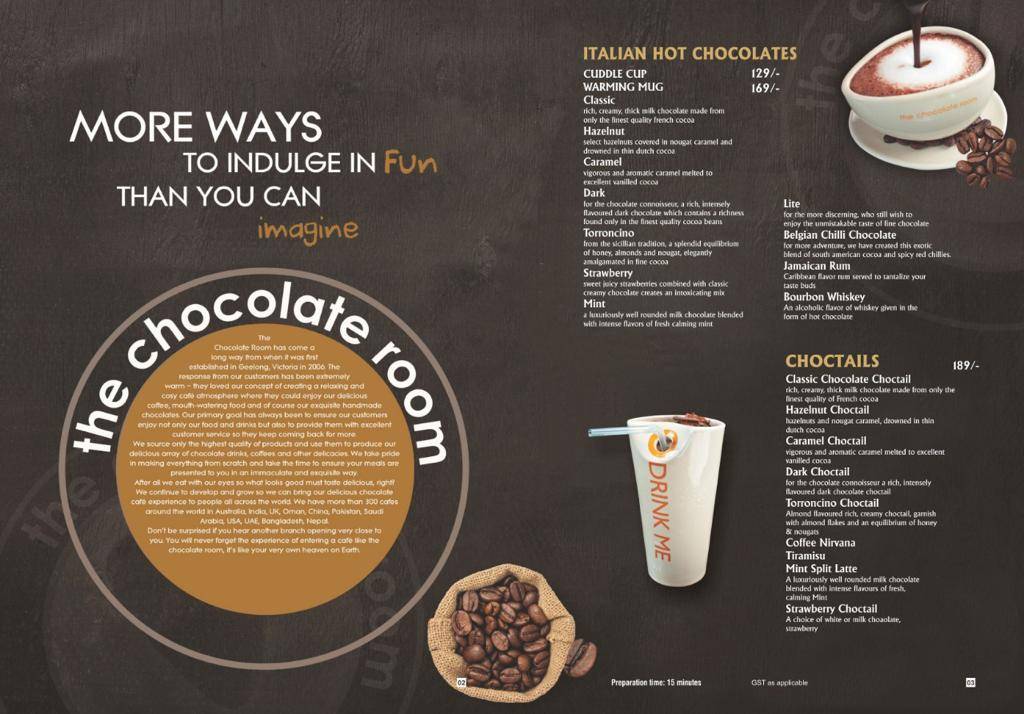 The chocolate room menu