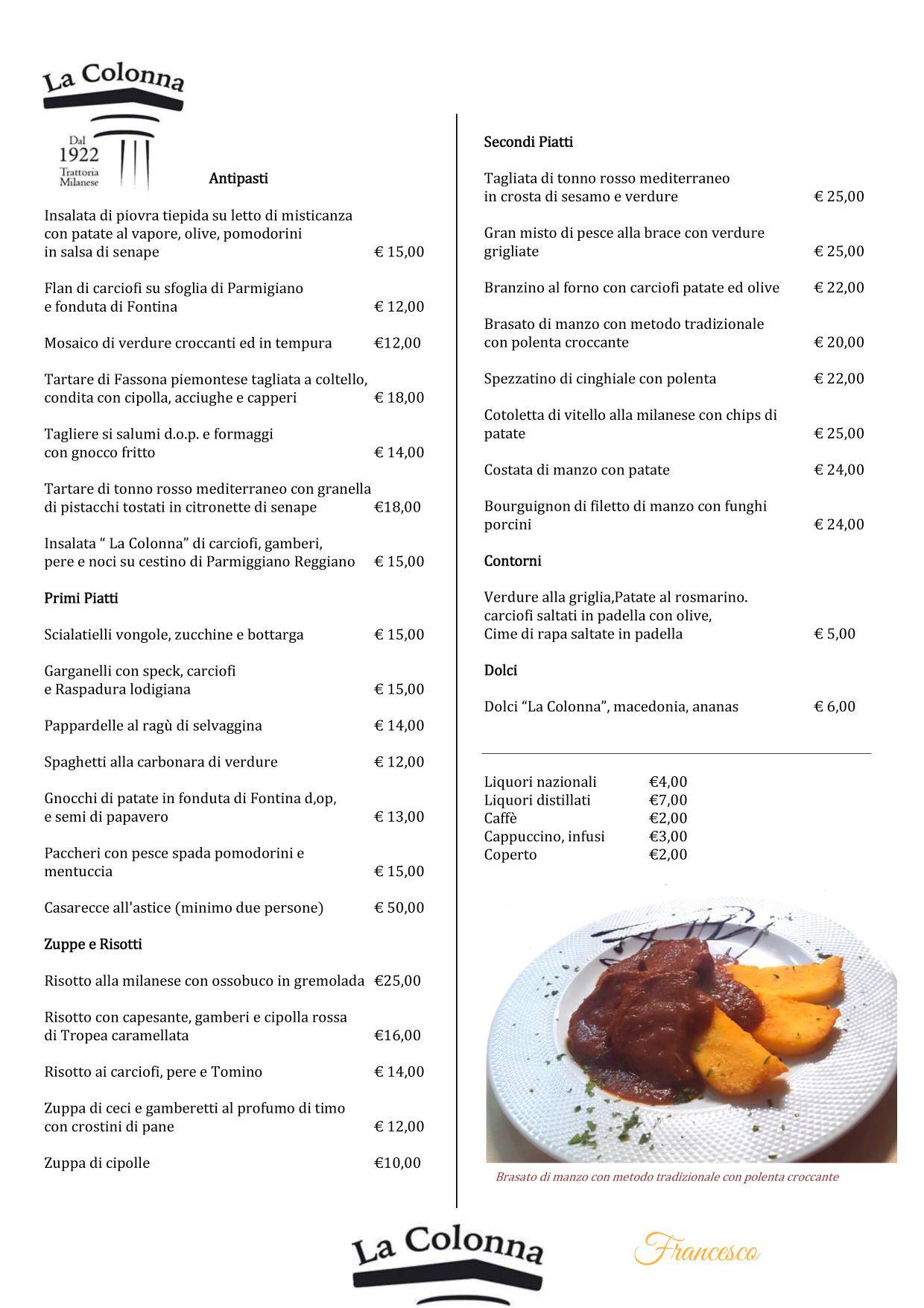 Menu di La Colonna Trattoria milanese dal 1922 