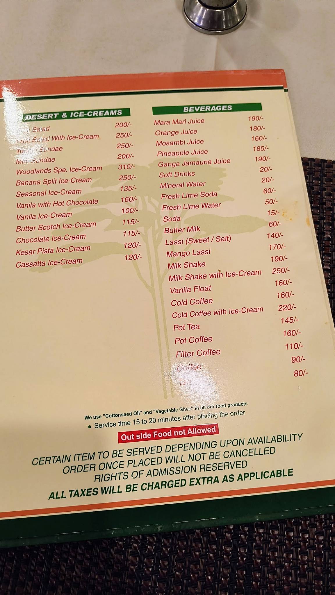 Tulips Woodlands Restaurant menu