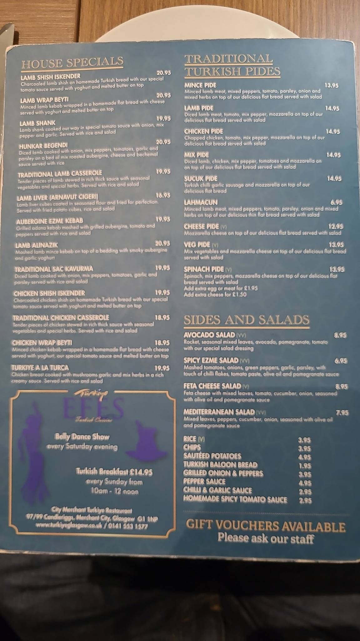 Menu at Turkiye EFES Restaurant, Glasgow