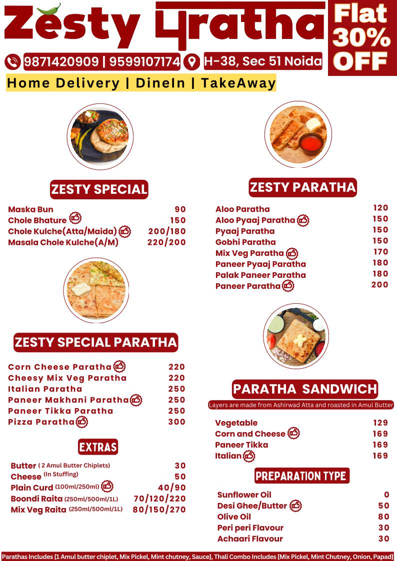 Zesty Paratha - A Fully AC Family Restaurant menu
