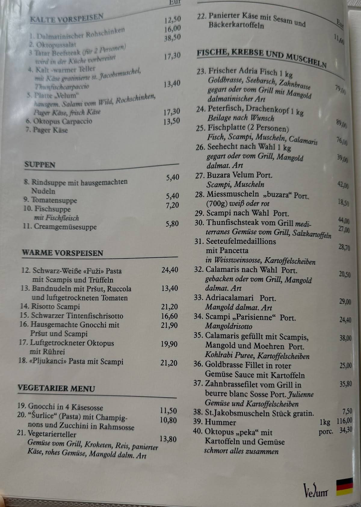 Menu di Restaurant & Caffe „Velum“ 