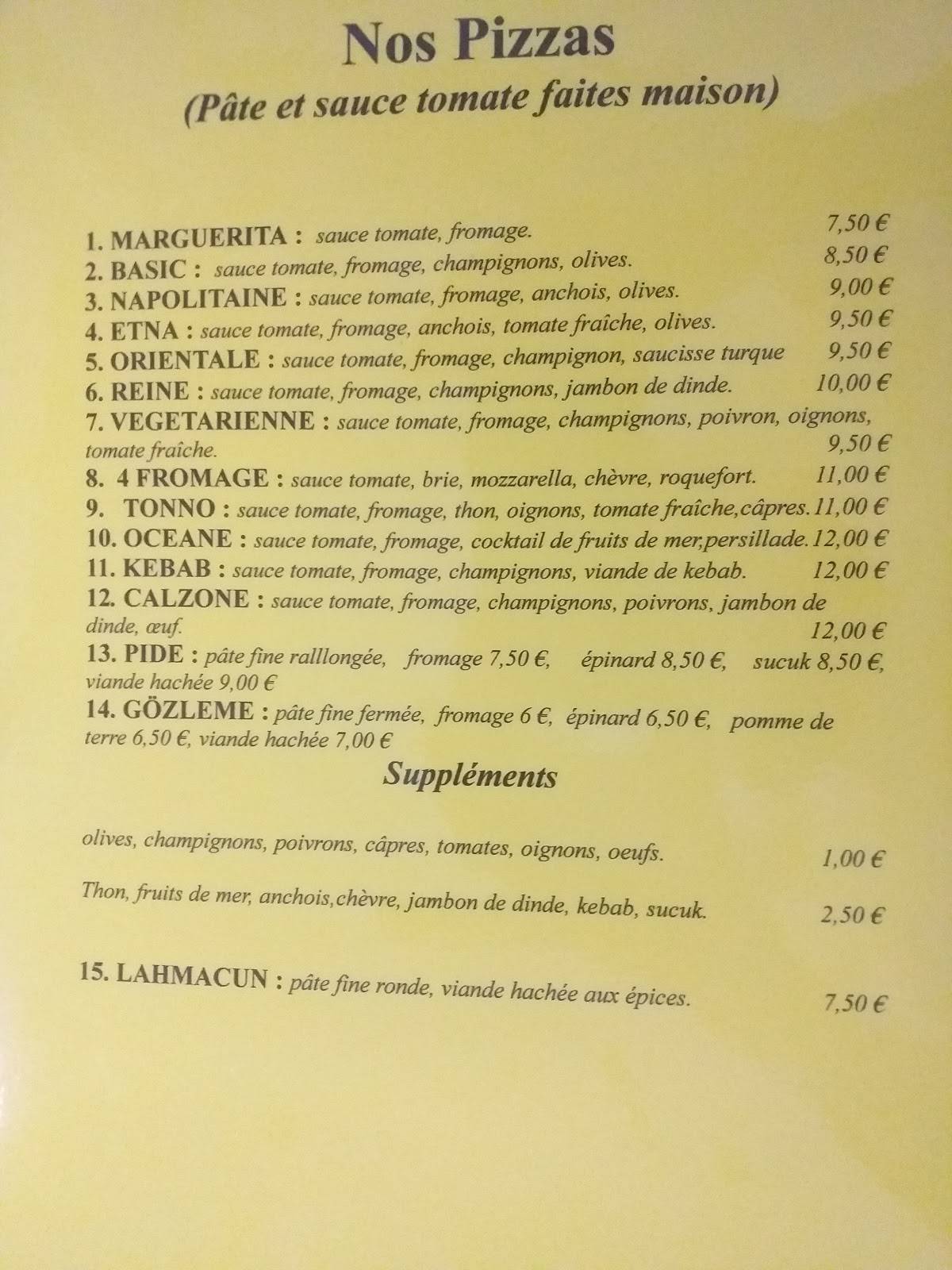 Menu de Restaurant l'Orient
