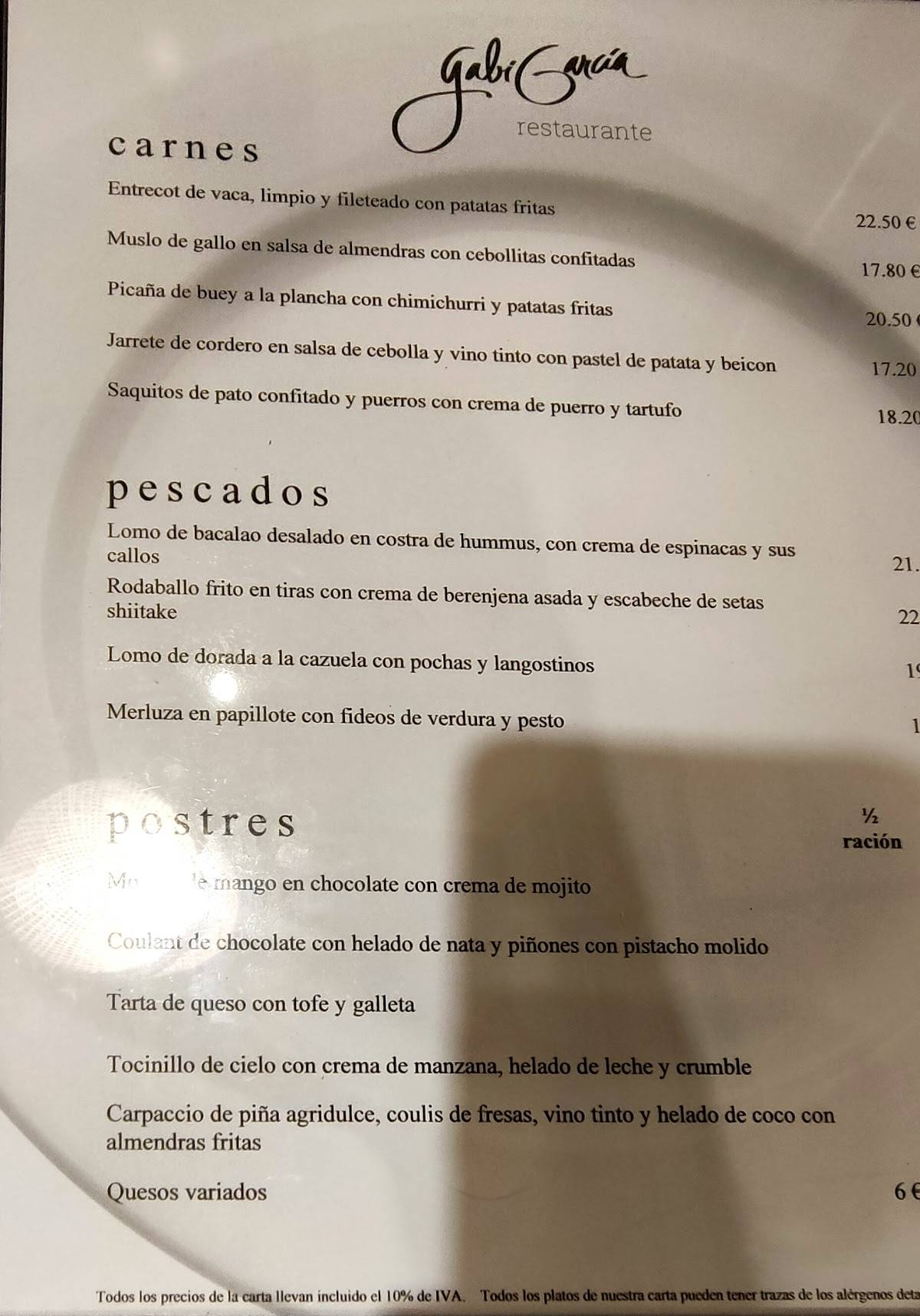 Carta de Restaurante Gabi García, Valladolid, c/Vereda