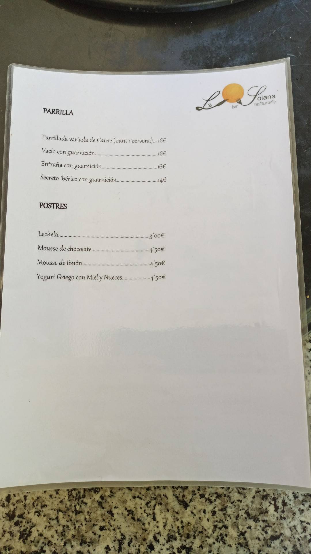 Carta de La Solana Bar Restaurante Villanueva de la Vera, Villanueva de la  Vera